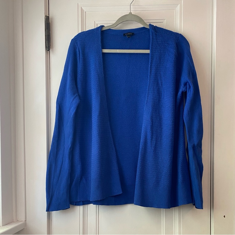 Talbots cobalt blue open mixed knit cardigan sweater L